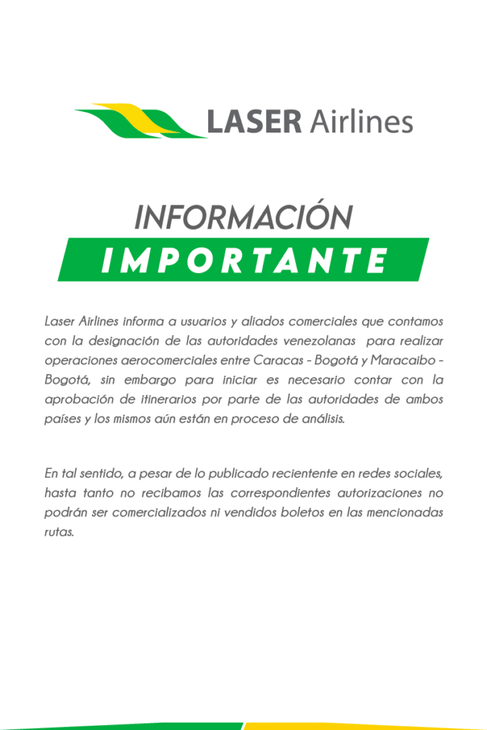 Laser Airlines recibe autorización para operar hacia Colombia