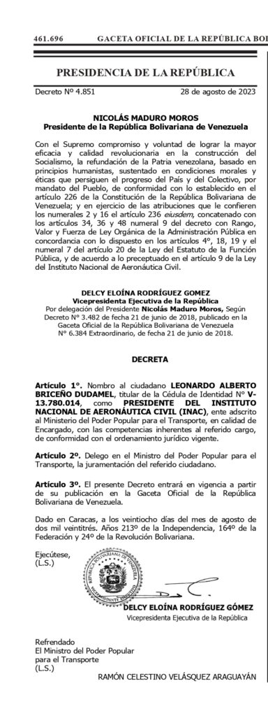 gaceta oficial presidente del inac leonardo briceño agosto 2023