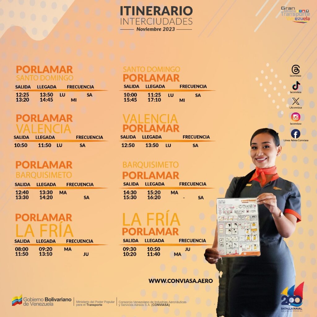 Itinerario de vuelos interciudades noviembre 2023 conviasa porlamar santo domingo porlamar valencia porlamar barquisimeto la fria
