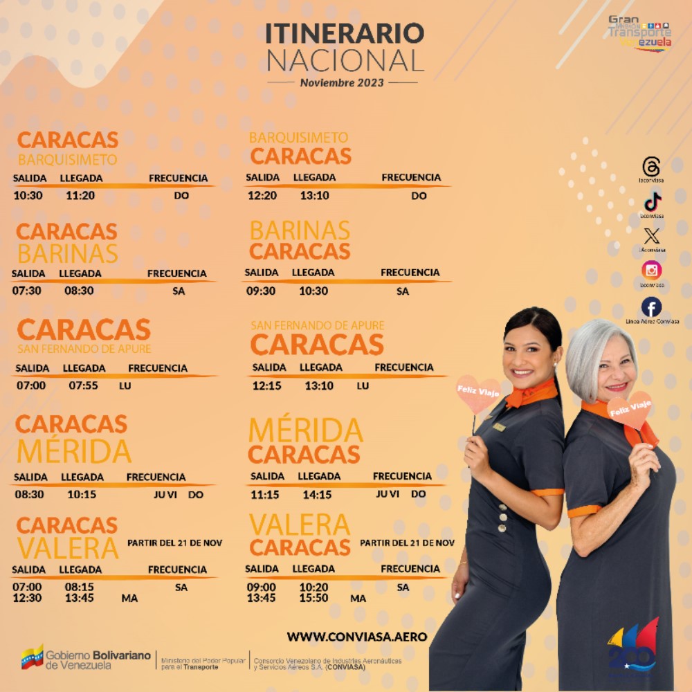 Itinerario de vuelos noviembre 2023 conviasa caracas barinas merida valera