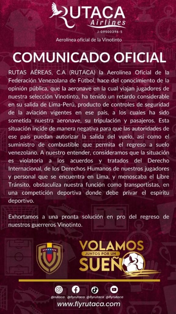 comunicado rutaca vinotinto peru