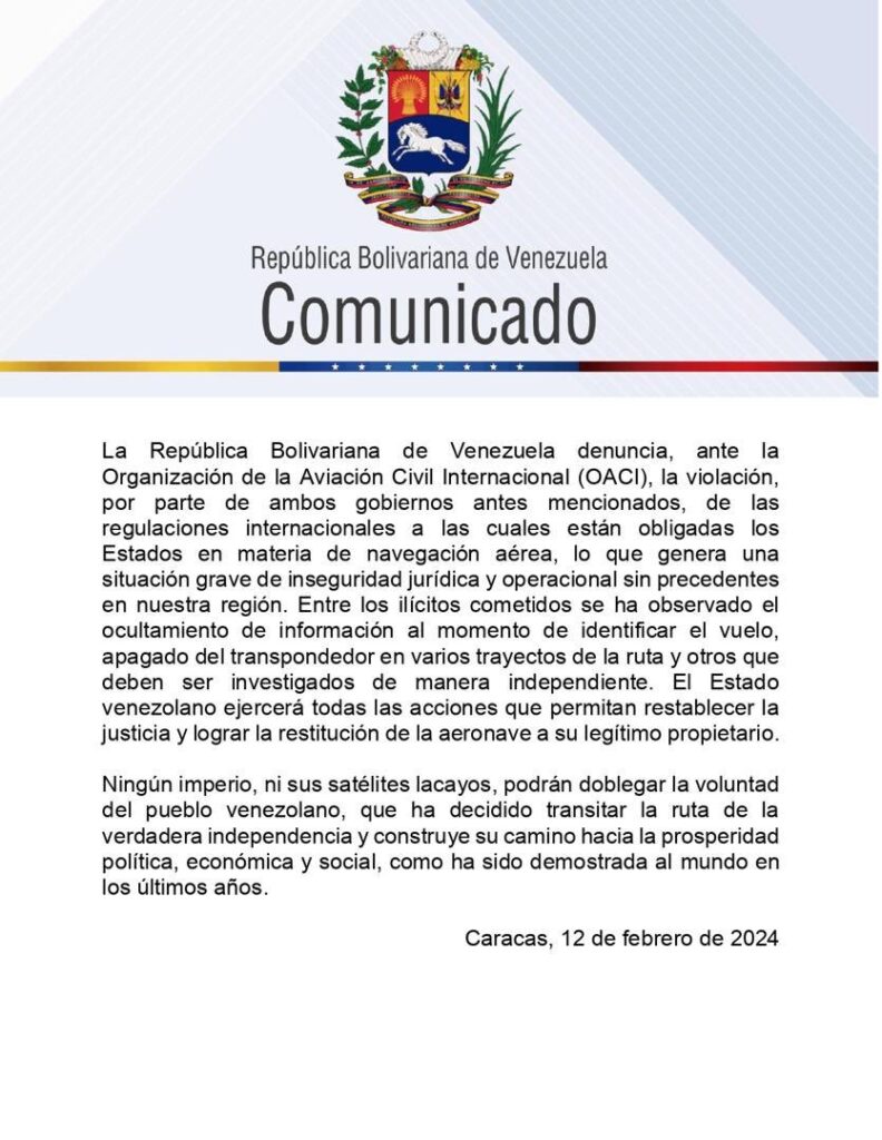 comunicado oficial cancilleria avión emtrasur 2024