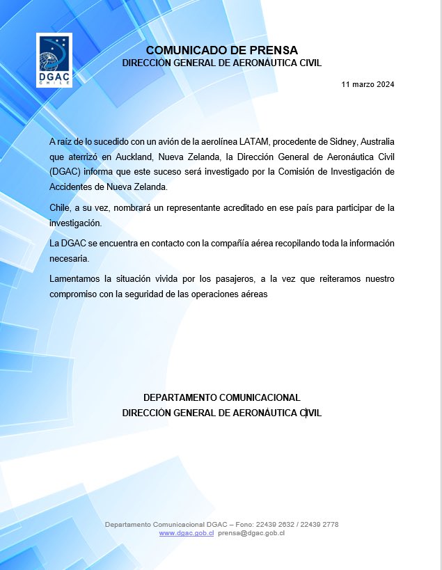 dgac comunicado press latam airlines sydney 2024