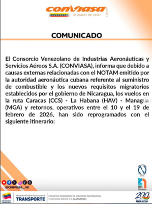 Comunicado conviasa nicaragua 2026 vuelos 